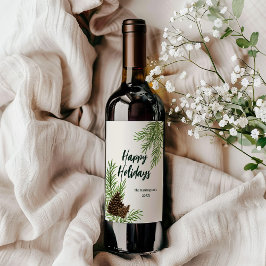 ハッピーホリデーズウォーターカラーパインアイボリークリスマス ワインラベル