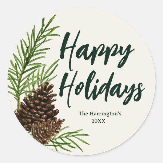 ハッピーホリデーズウォーターカラーパインウィンターグリーン ラウンドシール (正面)