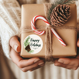 ハッピーホリデーズウォーターカラーパインウィンターグリーン ラウンドシール