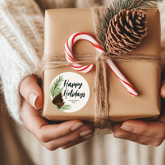 ハッピーホリデーズウォーターカラーパインウィンターグリーン ラウンドシール