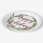 ハッピーホリデーズウォーターカラーパインリース ペーパープレート (アングル)