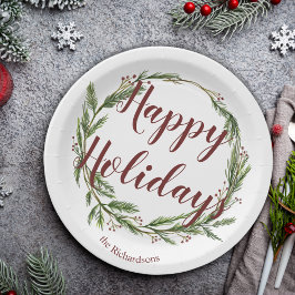 ハッピーホリデーズウォーターカラーパインリース ペーパープレート