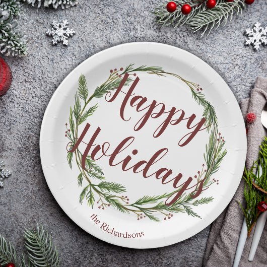ハッピーホリデーズウォーターカラーパインリース ペーパープレート