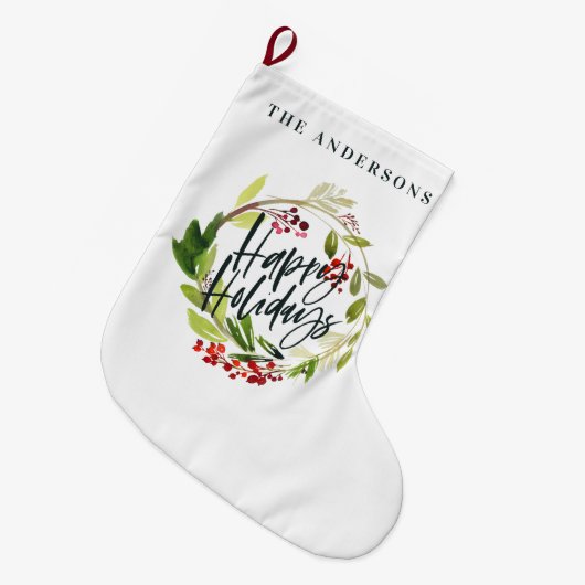 ハッピーホリデーズウォーターカラーフローラホリデー ラージクリスマスストッキング (正面 (吊り時))