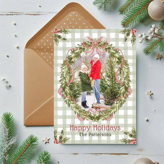 ハッピーホリデーズウォーターカラーフローラボウファミリーフォト シーズンカード