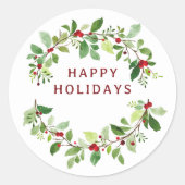 ハッピーホリデーズウォーターカラーボタニカルクリスマス ラウンドシール (正面)