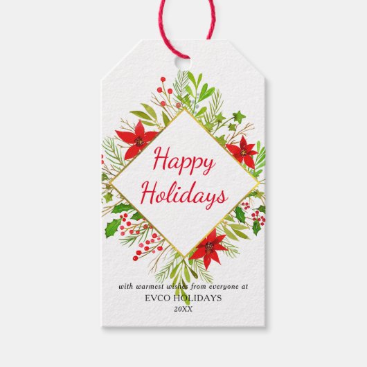 ハッピーホリデーズウォーターカラーポインセチア |クリスマス ギフトタグ (正面)