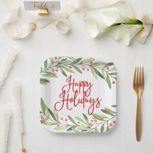 ハッピーホリデーズウォーターカラーリースクリスマスディナー ペーパープレート (ウェディング)