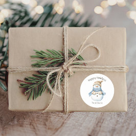 ハッピーホリデーズウォーター色雪だるまファミリー名 ラウンドシール