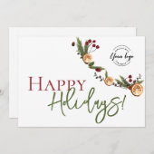 ハッピーホリデーズオレンジ葉リースカスタムロゴ サンキューカード (正面/裏面)