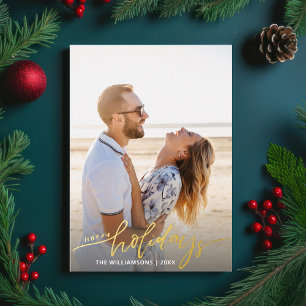 ハッピーホリデーズカリグラフィスクリプト2写真金ゴールド 箔招待状