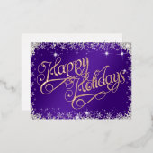 ハッピーホリデーズカリグラフィーパープルとダイヤモンド 箔シーズンポストカード (正面/裏面)