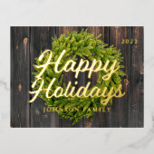 ハッピーホリデーズカントリー素朴パインリースウッド 箔シーズンポストカード (正面)