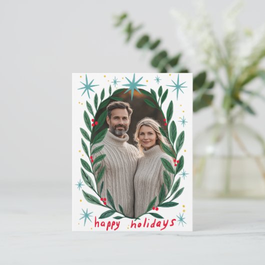 ハッピーホリデーズガーランドカスタムフォトクリスマス シーズンポストカード (スタンド正面)