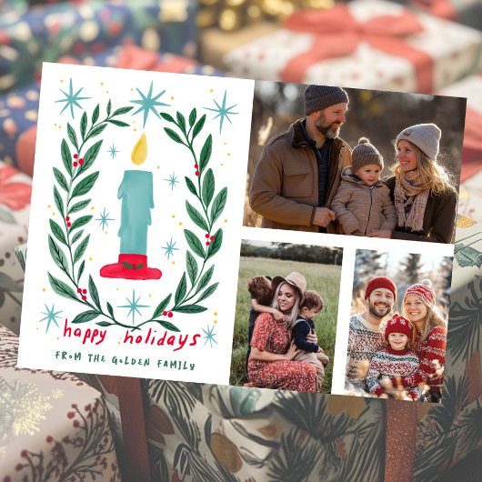 ハッピーホリデーズキャンドルハンドドローカスタムド3枚 カード