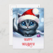 ハッピーホリデーズキュートキッテンとサンタハット シーズンポストカード (正面/裏面)