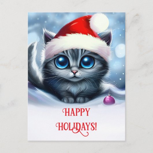 ハッピーホリデーズキュートキッテンとサンタハット シーズンポストカード (正面)