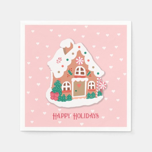 ハッピーホリデーズキュートピンクスノーイガーブレッドハウス スタンダードカクテルナプキン (正面)