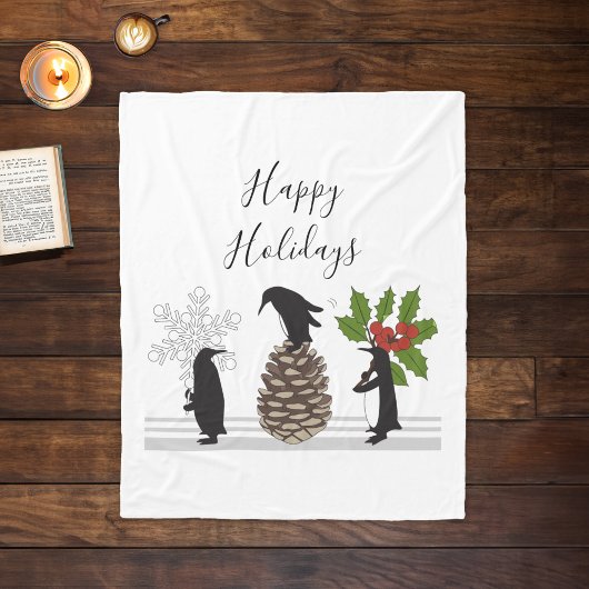 ハッピーホリデーズキュートペンギンおもしろいクリスマス フリースブランケット