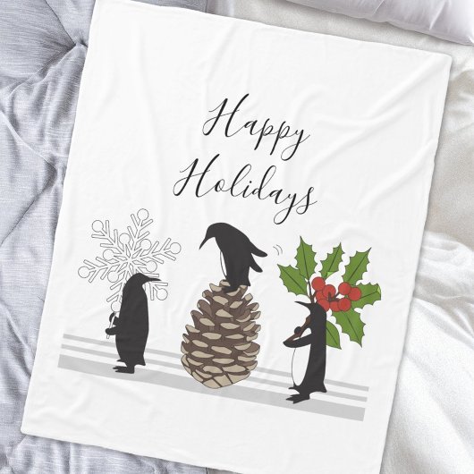 ハッピーホリデーズキュートペンギンおもしろいクリスマス フリースブランケット