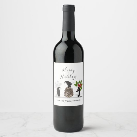 ハッピーホリデーズキュートペンギンおもしろいクリスマス ワインラベル (正面)