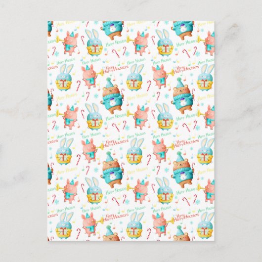 ハッピーホリデーズクリスマスアニマルズパターン シーズンポストカード (正面)