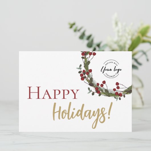 ハッピーホリデーズクリスマスシンプルリースカスタムロゴ シーズンカード (スタンド正面)