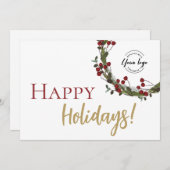 ハッピーホリデーズクリスマスシンプルリースカスタムロゴ シーズンカード (正面/裏面)
