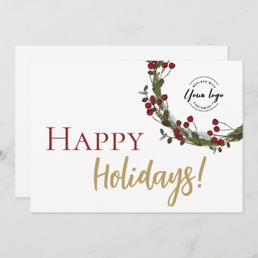ハッピーホリデーズクリスマスシンプルリースカスタムロゴ シーズンカード (正面/裏面)