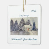 ハッピーホリデーズクリスマススノーウィーコテージニューホーム セラミックオーナメント (左)
