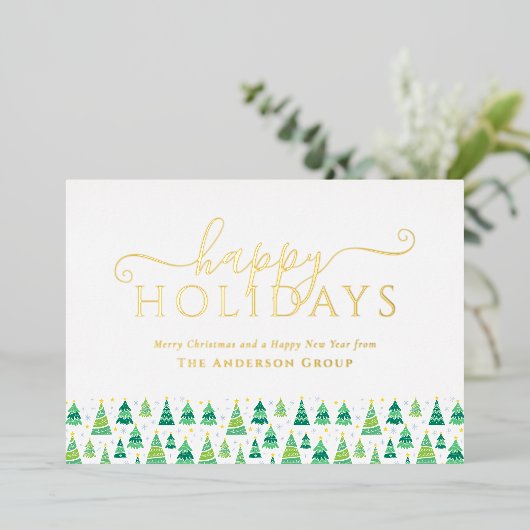 ハッピーホリデーズクリスマスツリーズビジネスロゴ金ゴールド 箔シーズンカード (立ち正面)
