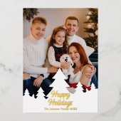 ハッピーホリデーズクリスマスツリーズファミリーフォト金ゴールド 箔シーズンカード (正面)