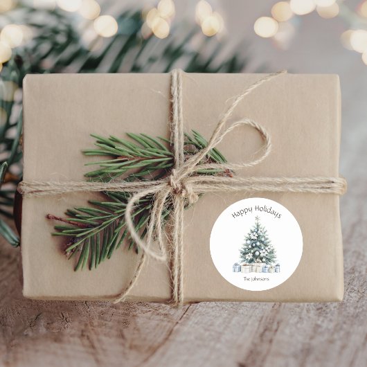 ハッピーホリデーズクリスマスツリーファミリー名 ラウンドシール