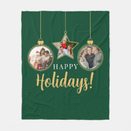 ハッピーホリデーズクリスマスファミリー写真グリーン金ゴールド フリースブランケット