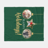 ハッピーホリデーズクリスマスファミリー写真グリーン金ゴールド フリースブランケット (正面(横))