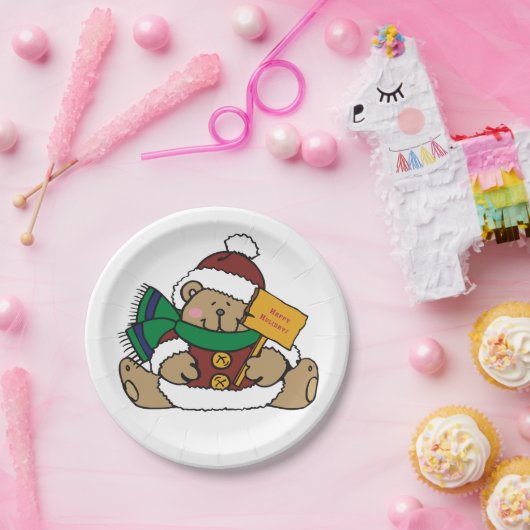 ハッピーホリデーズクリスマスベア ペーパープレート (パーティー)