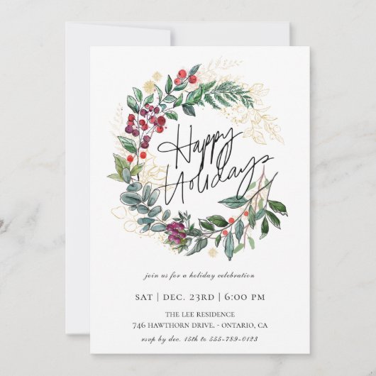 ハッピーホリデーズクリスマスボタニカルリース 招待状 (正面)
