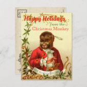 ハッピーホリデーズクリスマスモンキーおもしろいヴィンテージ シーズンポストカード (正面/裏面)