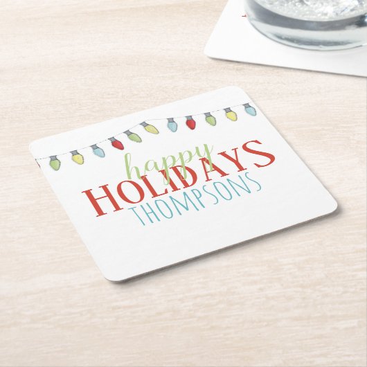 ハッピーホリデーズクリスマスライトパーソナライズされた スクエアペーパーコースター (アングル)