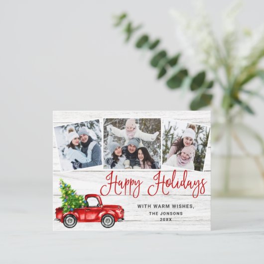 ハッピーホリデーズクリスマスレッドトラック素朴写真 シーズンポストカード (スタンド正面)