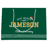 ハッピーホリデーズクリスマス名前をカスタムするグリーン金ゴールド ラージペーパーバッグ (正面)