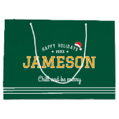 ハッピーホリデーズクリスマス名前をカスタムするグリーン金ゴールド ラージペーパーバッグ (裏面)