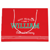 ハッピーホリデーズクリスマス名前をカスタムするレッドグリーン ラージペーパーバッグ (正面)