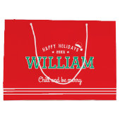 ハッピーホリデーズクリスマス名前をカスタムするレッドグリーン ラージペーパーバッグ (裏面)