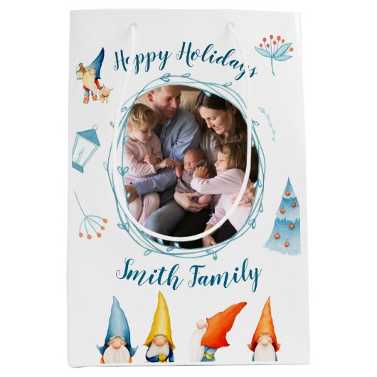 ハッピーホリデーズクリスマス抱き枕と小人 ミディアムペーパーバッグ (正面)