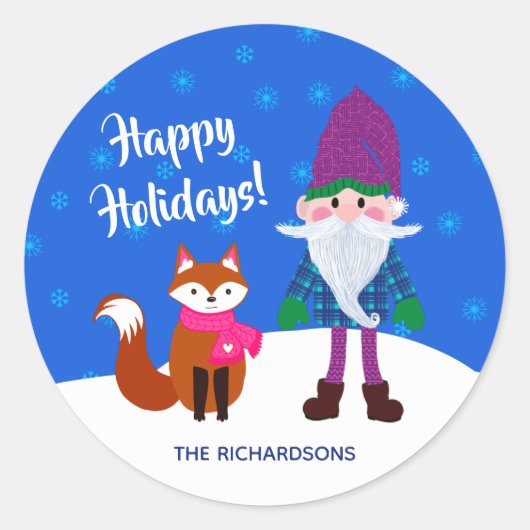 ハッピーホリデーズクリスマス格言キツネスノーフレークスブルー ラウンドシール (正面)