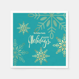 ハッピーホリデーズクリスマス金ゴールド雪の結晶グリーン スタンダードカクテルナプキン