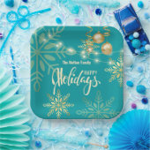 ハッピーホリデーズクリスマス金ゴールド雪の結晶グリーン ペーパープレート (パーティー)