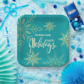 ハッピーホリデーズクリスマス金ゴールド雪の結晶グリーン ペーパープレート (パーティー)