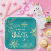 ハッピーホリデーズクリスマス金ゴールド雪の結晶グリーン ペーパープレート (パーティー)